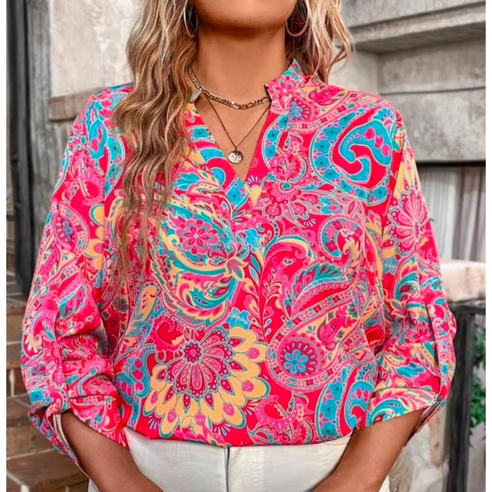 SHEIN Printed Notched Collar Roll Up Sleeve Blouse Women's Size XL